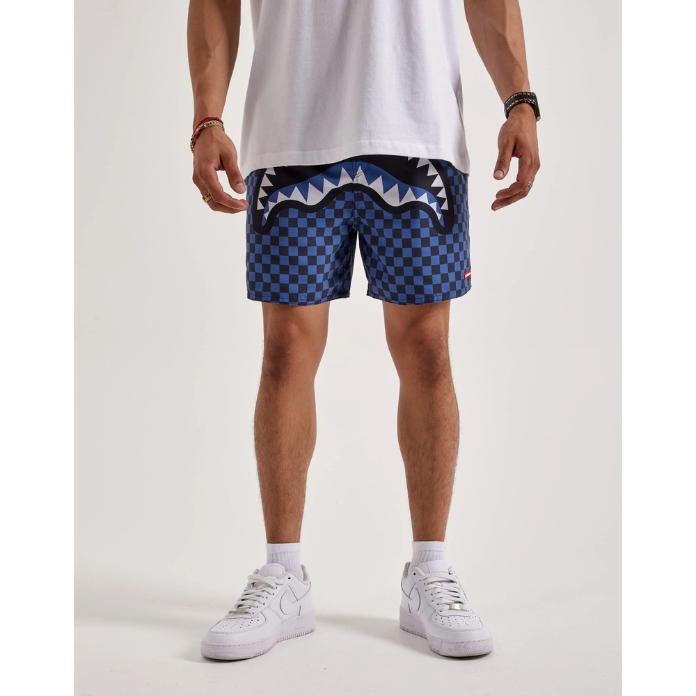 Sprayground Mens Blue Checkered Shark Mouth Swim Trunks Limited Edition Size M